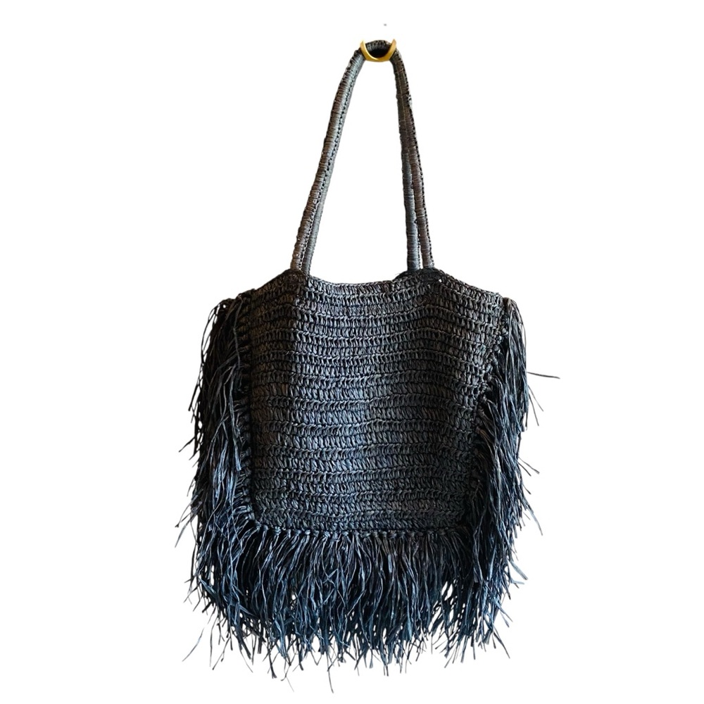 America & Beyond NWT Vintage Coachella Raffia Fringe Tote Gray